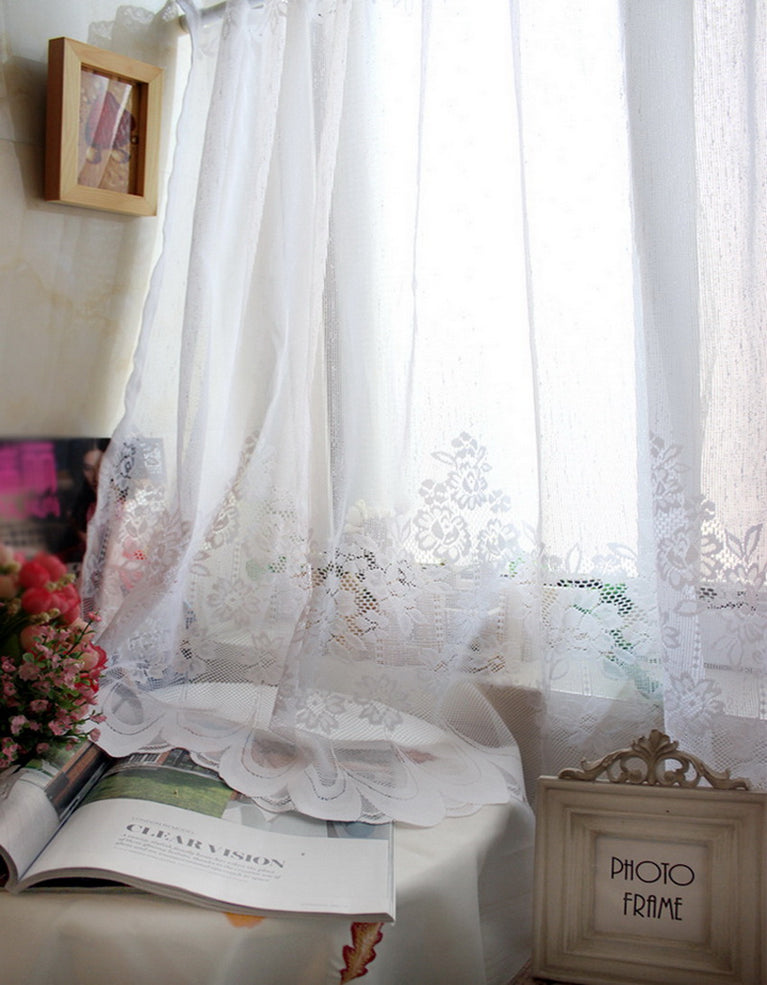 White Lace Sheer Tulle Curtains | Pastoral Floral Kitchen & Cafe Voile