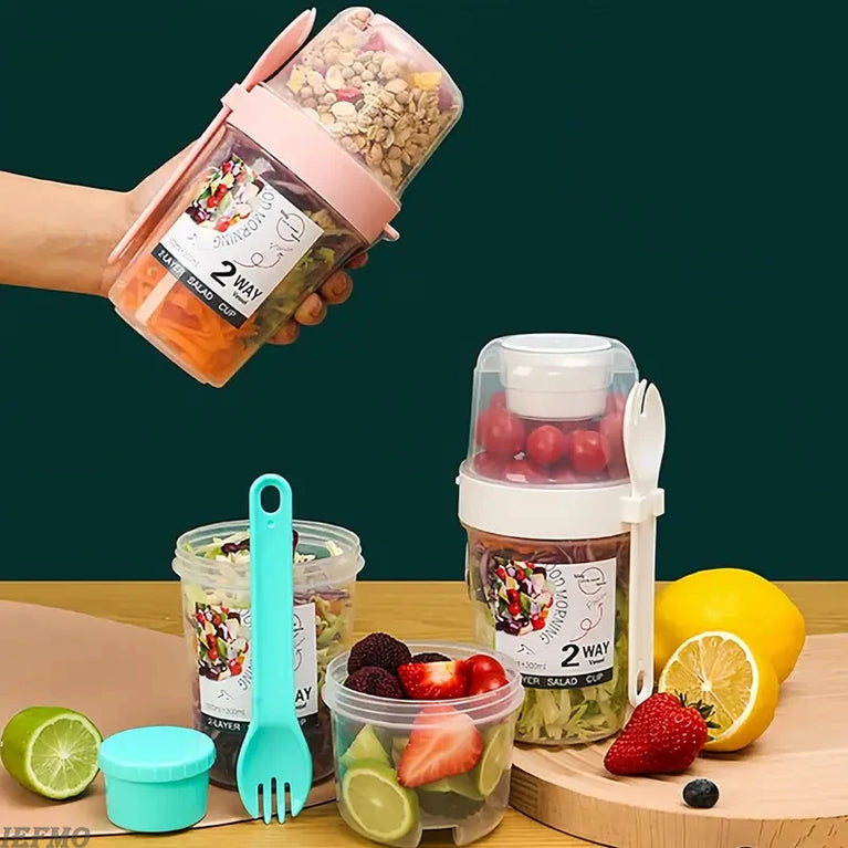 Portable Breakfast Salad Cup Oatmeal Fruit Vegetable Container with Fork Lid Leakproof Round PP Jar