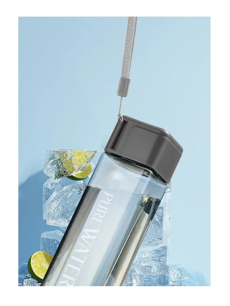 500ml Clear Square Portable Drinking Water Bottle with Rope Leakproof Plastic PC Outdoor Sports Hydration Bottle