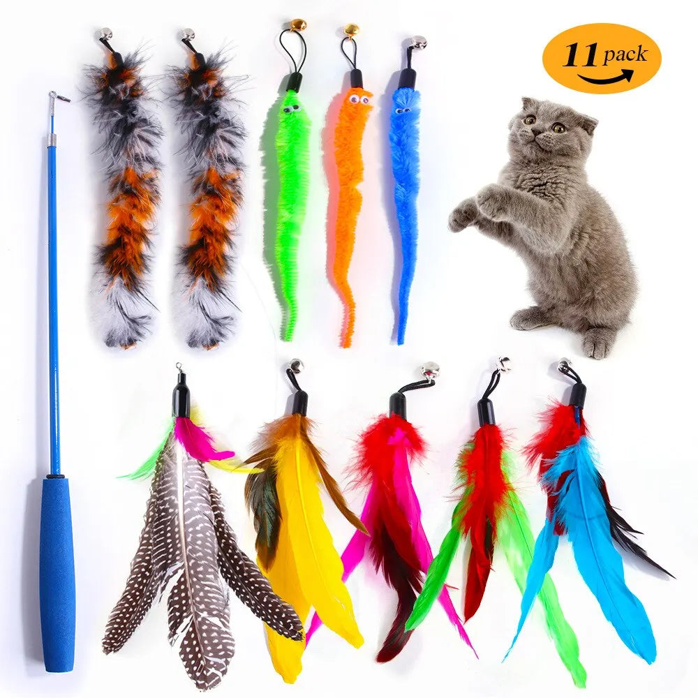 11pcs Replacement Cat Feather Toy Set Retractable Stick Kit Toy