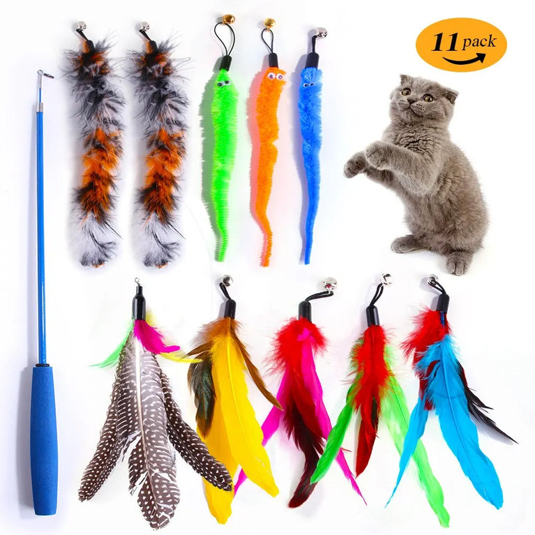 11pcs Replacement Cat Feather Toy Set Retractable Stick Kit Toy