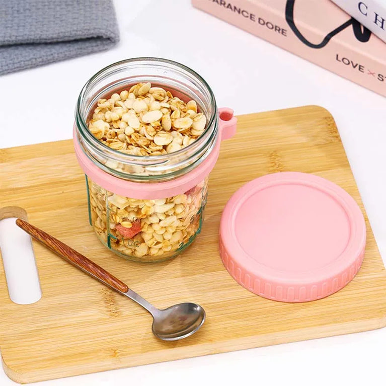Overnight Oats Container with Lid and Spoon 300ML Glass Breakfast Cup for Yogurt Salad Cereal Storage