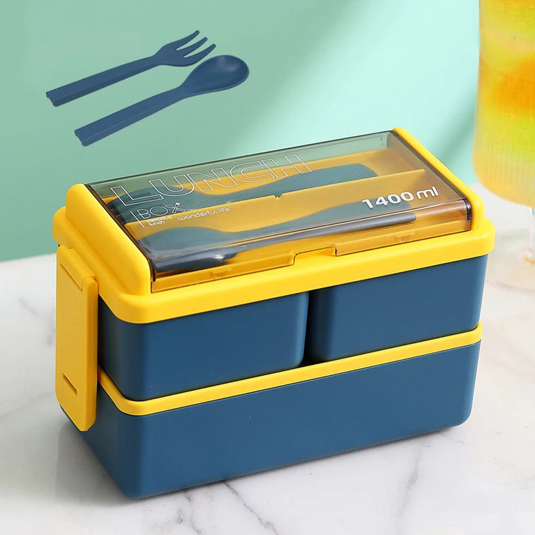 Double Layer Portable Lunch Box with Spoon & Fork Leakproof Microwave Container