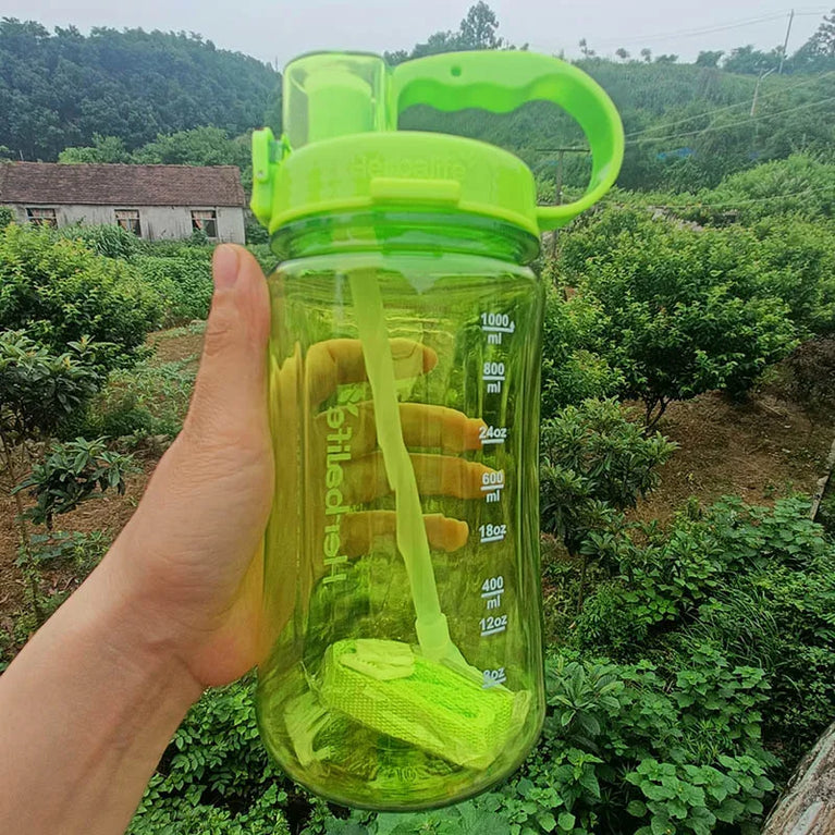 1000ml Transparent Straw Strap Bounce Button Sports Water Bottle 1L Leakproof Handgrip Gym Hydration Bottle
