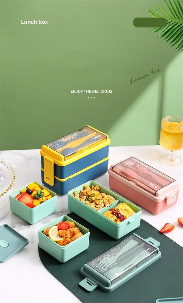 Portable Leakproof Microwave Lunch Box 700/1400ML with Spoon Bento Container