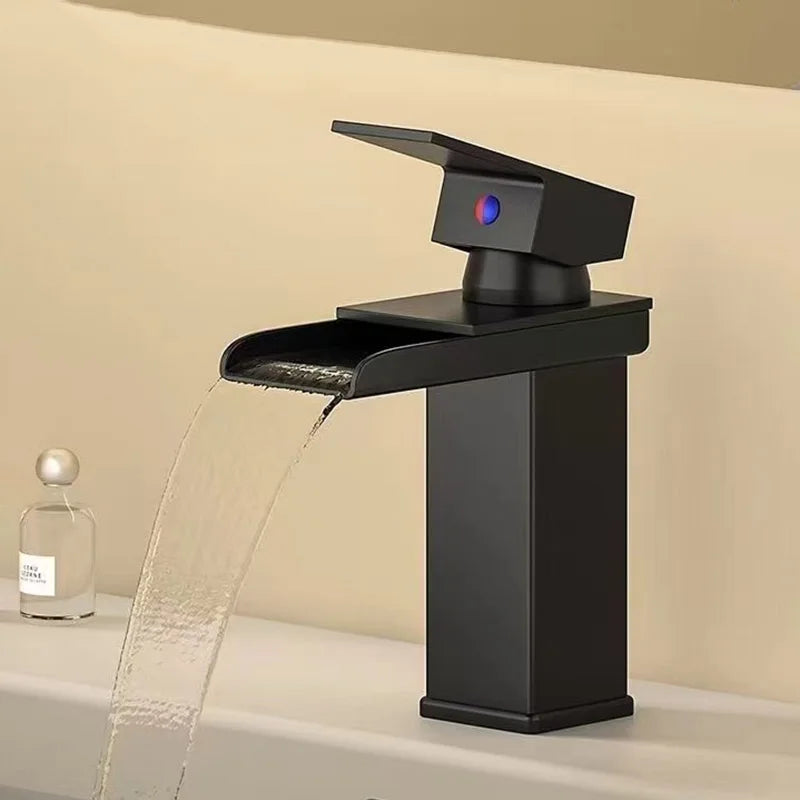 Waterfall Wide-Mouth Stainless Steel Faucet | Contemporary Deck-Mounted Hot & Cold Basin Tap
