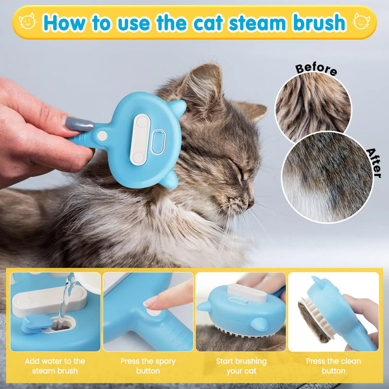 3-in-1 Cat Steam Brush Silicone Grooming Shedding Tool with Spray Function