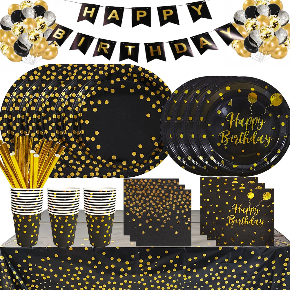 Black Gold Birthday Disposable Tableware Set Party Wedding Decoration Kit