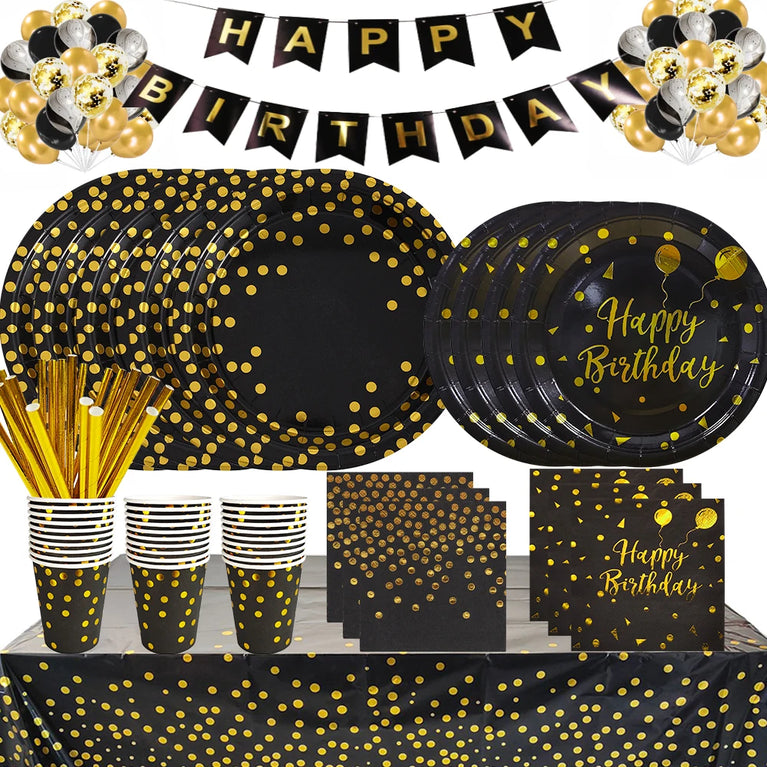 Black Gold Birthday Disposable Tableware Set Party Wedding Decoration Kit