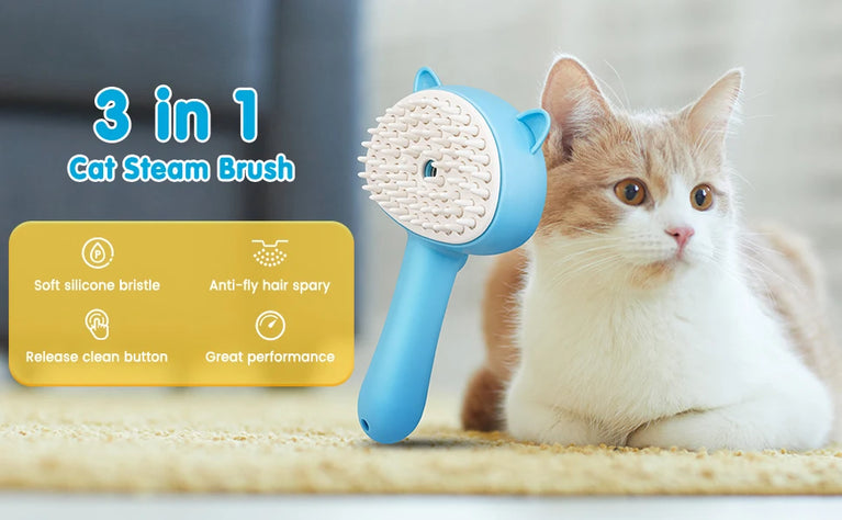 3-in-1 Cat Steam Brush Silicone Grooming Shedding Tool with Spray Function