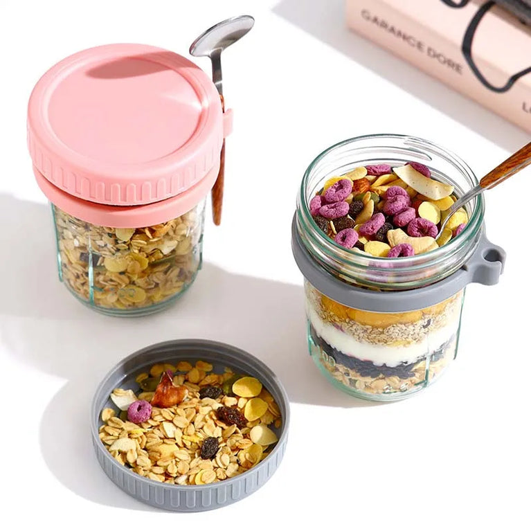 Overnight Oats Container with Lid and Spoon 300ML Glass Breakfast Cup for Yogurt Salad Cereal Storage