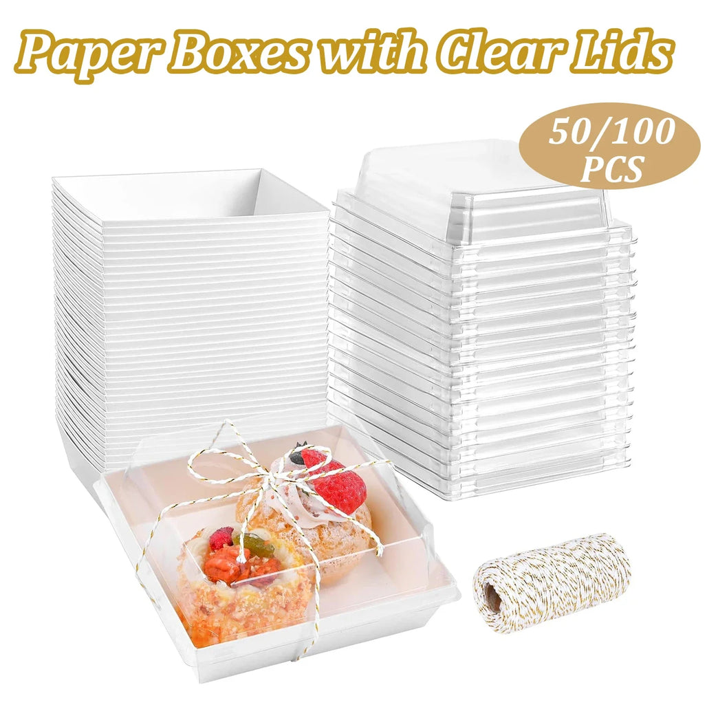 50PCS Paper Charcuterie Boxes with Clear Lids Square White Disposable Donut Dessert To Go Containers