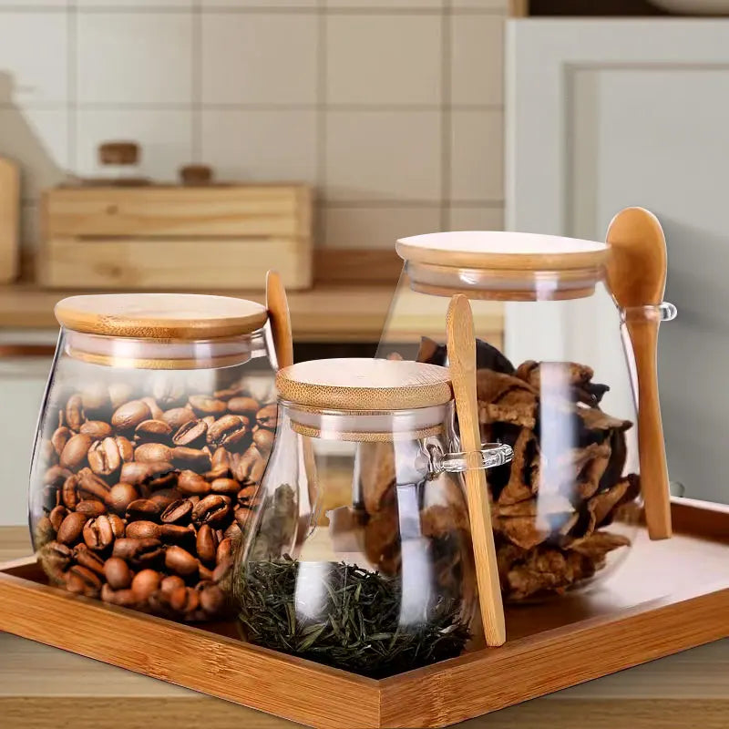 Airtight Glass Storage Jar with Bamboo Lid for Coffee Tea Spice Storage Containers