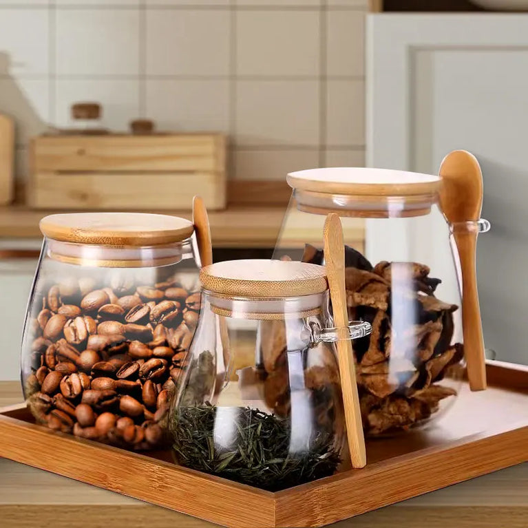 Airtight Glass Storage Jar with Bamboo Lid for Coffee Tea Spice Storage Containers