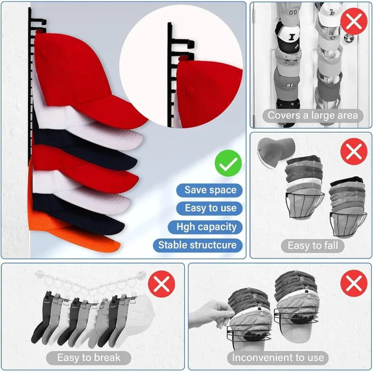 10-Grid Wall Mounted Hat Rack | Space-Saving Baseball Cap & Accessory Organizer