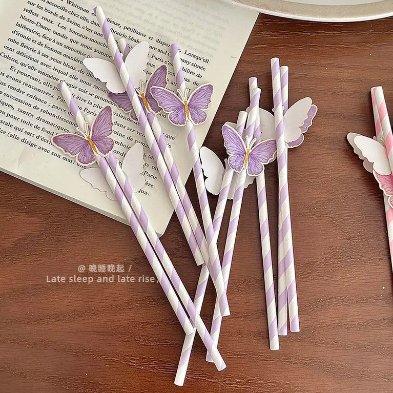 Butterfly Paper Straws 10 Sticks Disposable Eco Friendly Juice Milk Tea Drink Straws