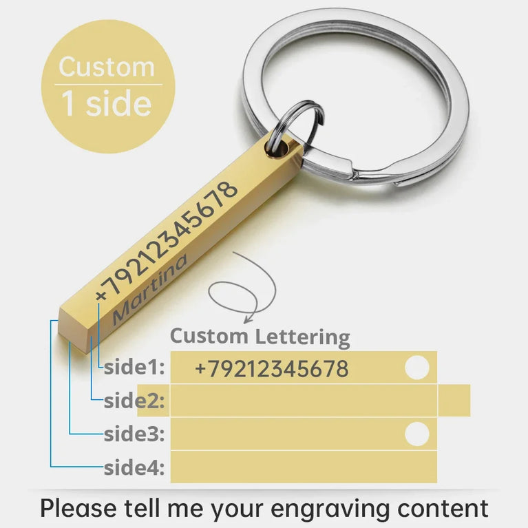 3D Bar Stainless Steel Personalized Keychain | Custom Engraved 4-Side Keyring