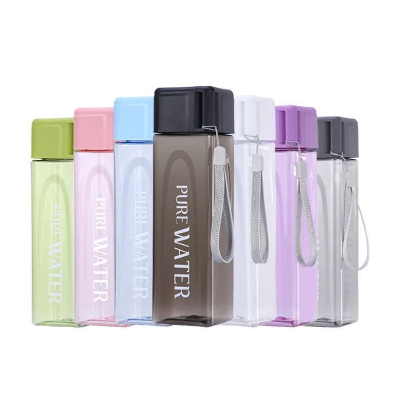500ML Clear Square Portable Plastic Water Bottle With Rope Carry Design