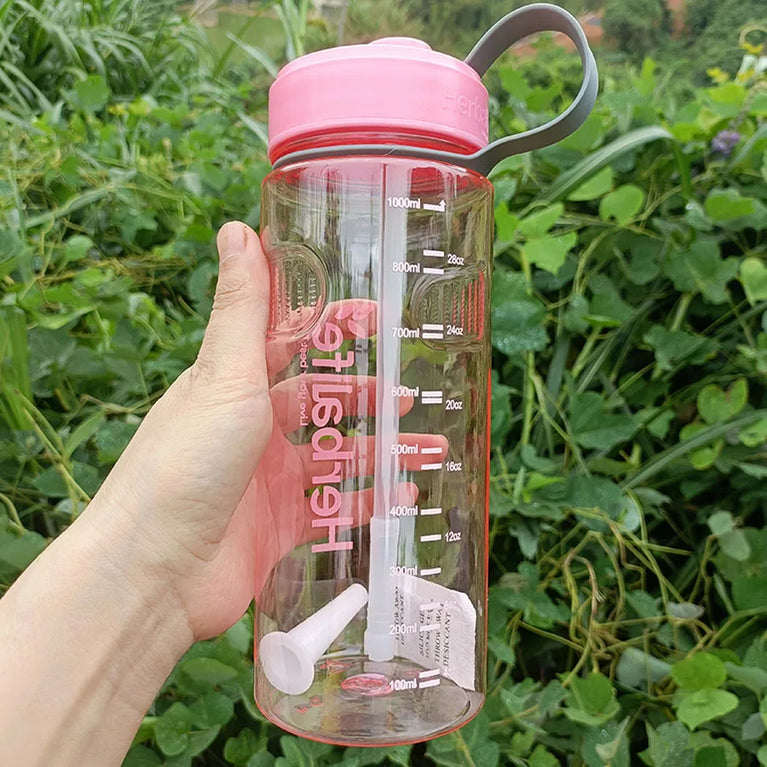 1000ml Transparent Straw Strap Bounce Button Sports Water Bottle 1L Leakproof Handgrip Gym Hydration Bottle