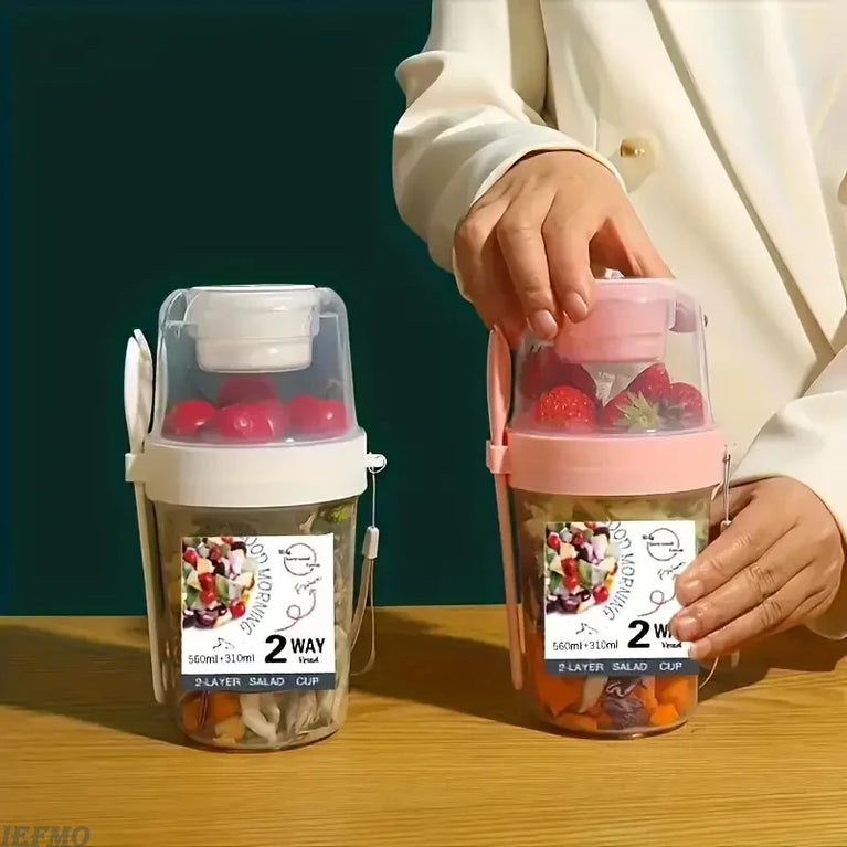 Portable Breakfast Salad Cup Oatmeal Fruit Vegetable Container with Fork Lid Leakproof Round PP Jar