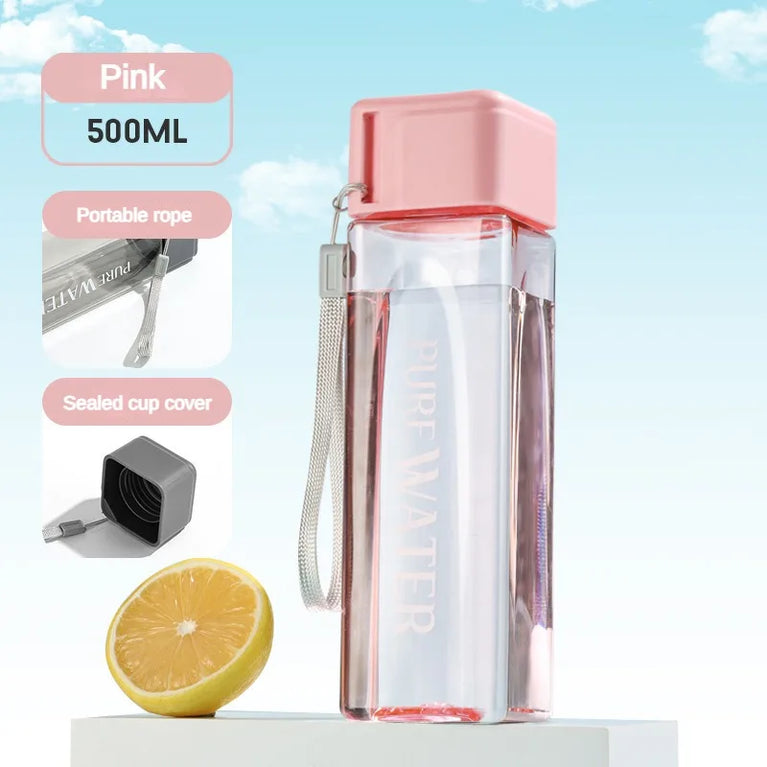 500ML Clear Square Portable Plastic Water Bottle With Rope Carry Design