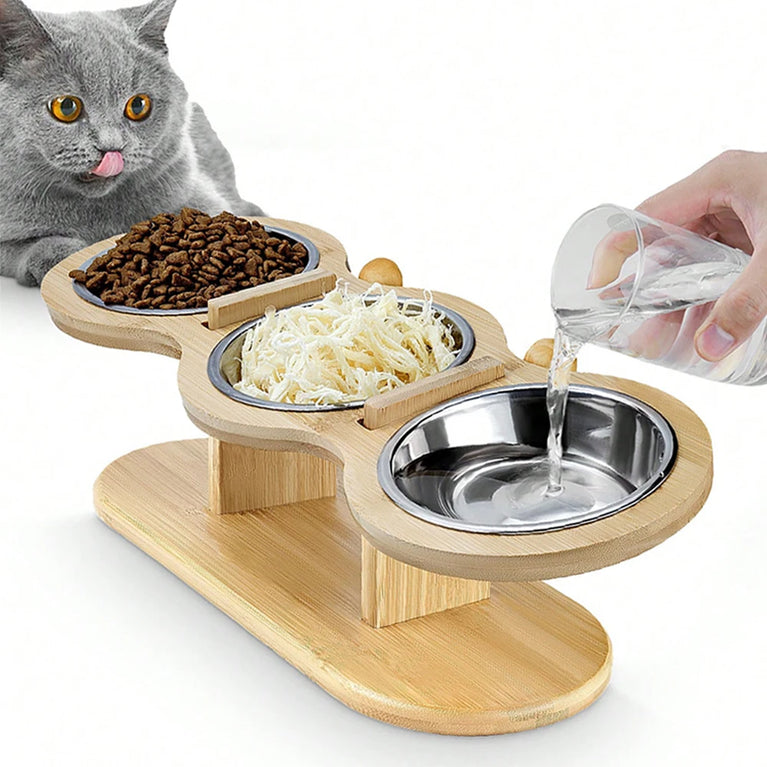 15° Tilted Raised Cat Bowl Set with 3 Stainless Steel Bowls Feeder