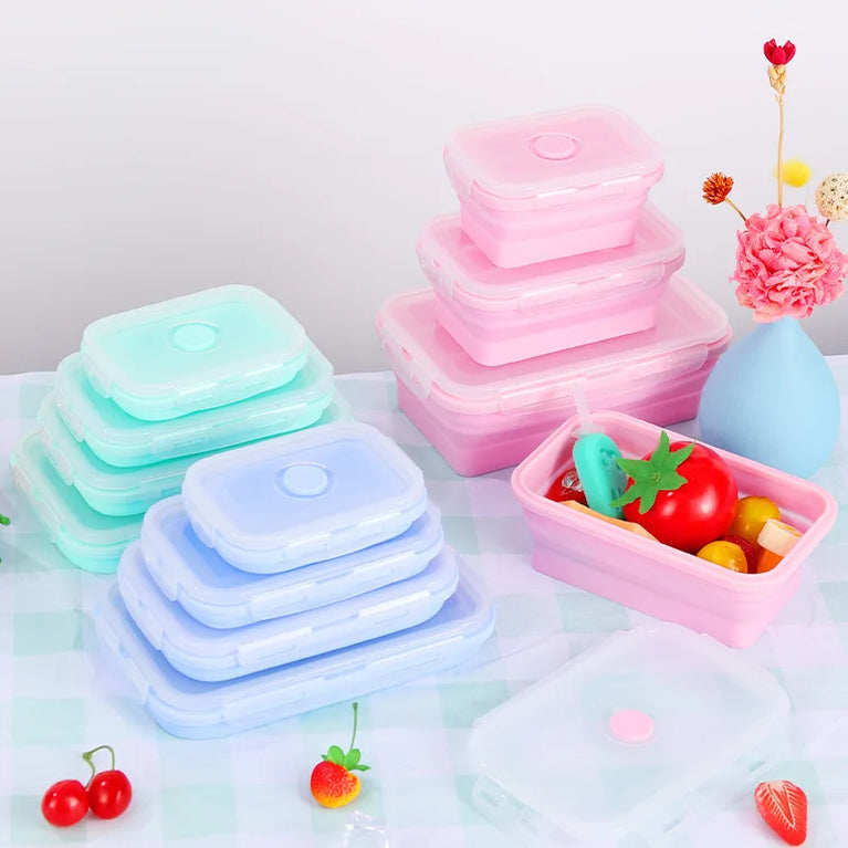 4PS Collapsible Silicone Food Storage Containers with Lids Vent Kitchen Meal Prep Set