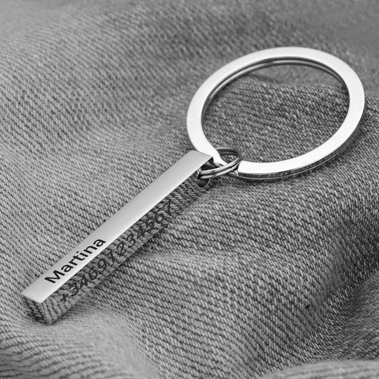 3D Bar Stainless Steel Personalized Keychain | Custom Engraved 4-Side Keyring