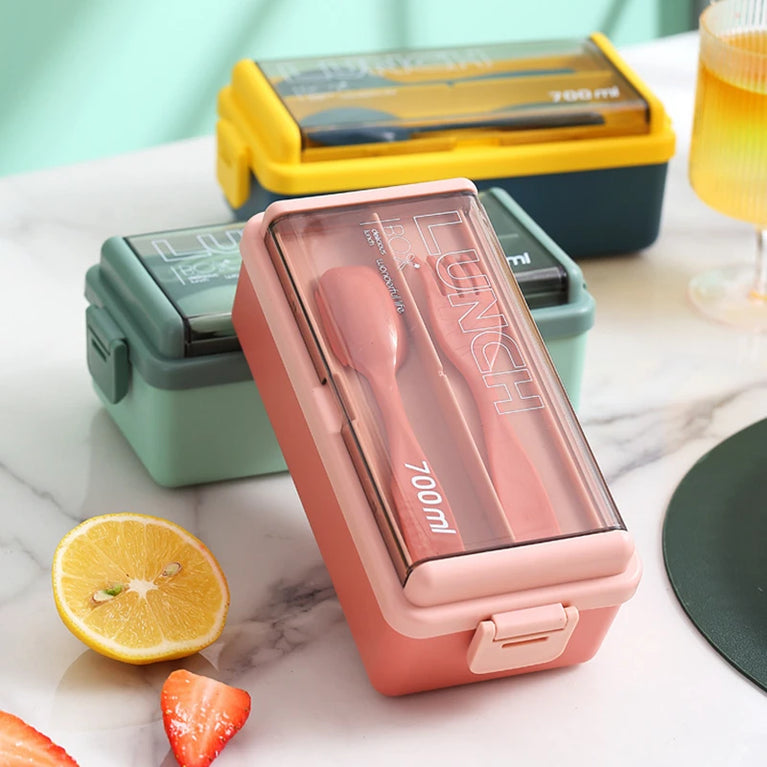 Double Layer Portable Lunch Box with Spoon & Fork Leakproof Microwave Container