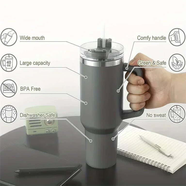 40OZ Stainless Steel Insulated Vacuum Waterbottle With Handle Straw Cup