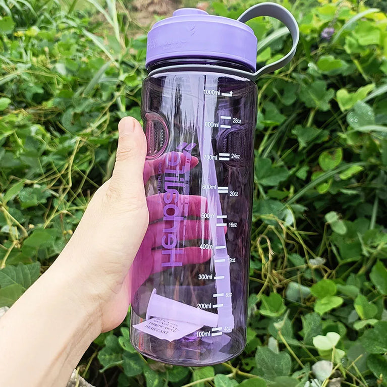 1000ml Transparent Straw Strap Bounce Button Sports Water Bottle 1L Leakproof Handgrip Gym Hydration Bottle