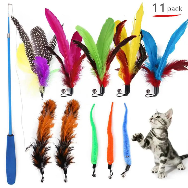 11pcs Replacement Cat Feather Toy Set Retractable Stick Kit Toy