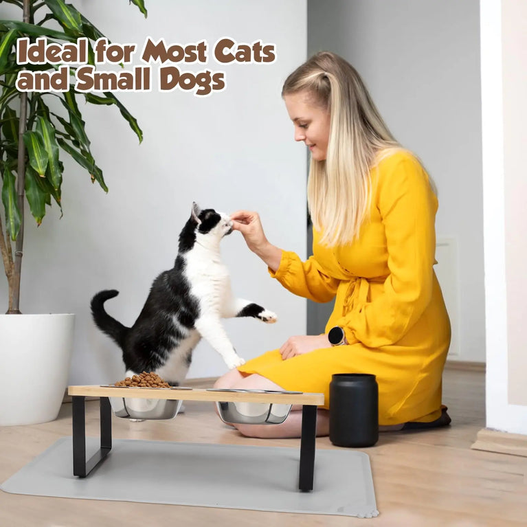 15° Tilted Raised Cat Bowls with Wooden Stand and 3 Steel Dishes