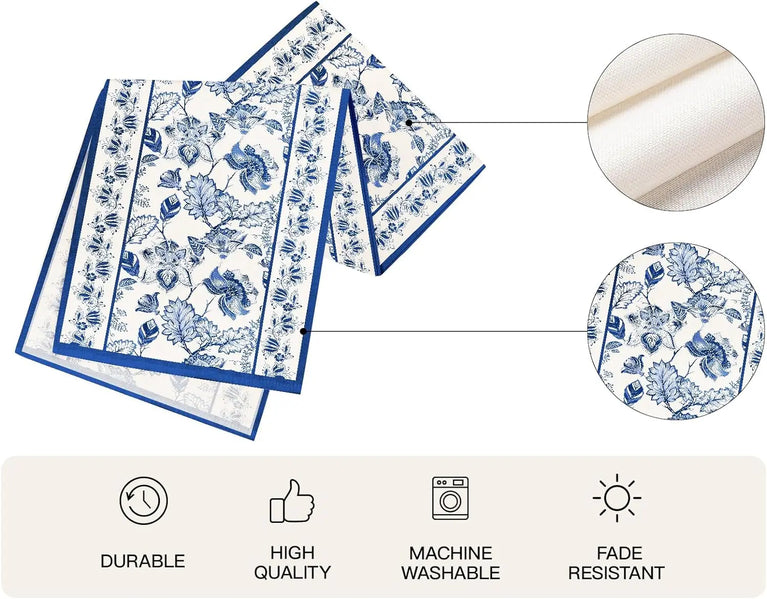 Summer Blue Floral Linen Table Runner | Reusable Farmhouse Dining Decor