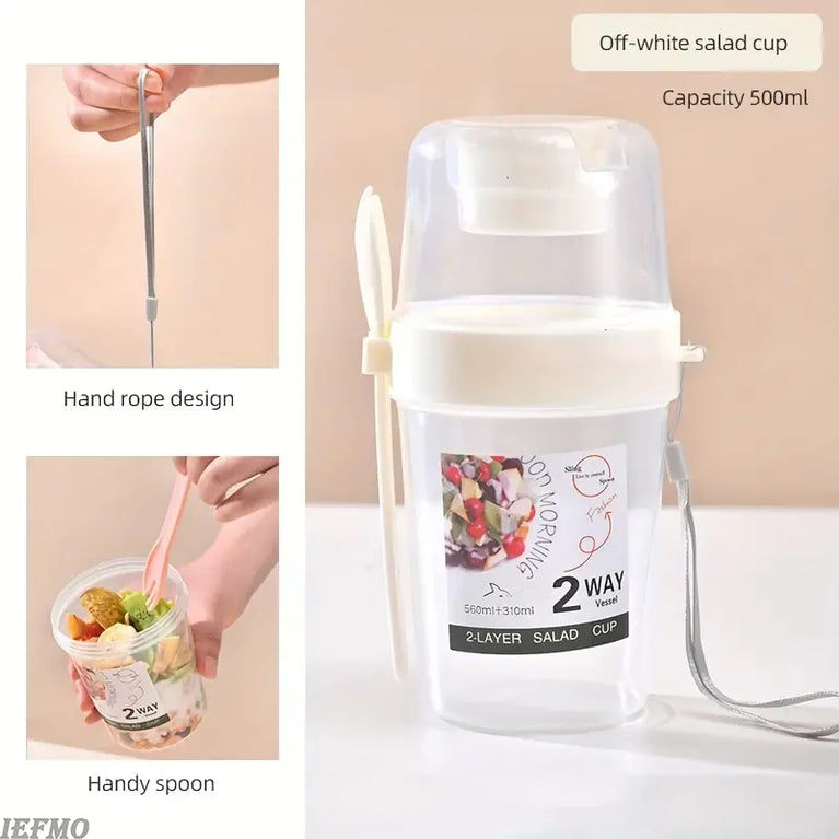Portable Breakfast Salad Cup Oatmeal Fruit Vegetable Container with Fork Lid Leakproof Round PP Jar