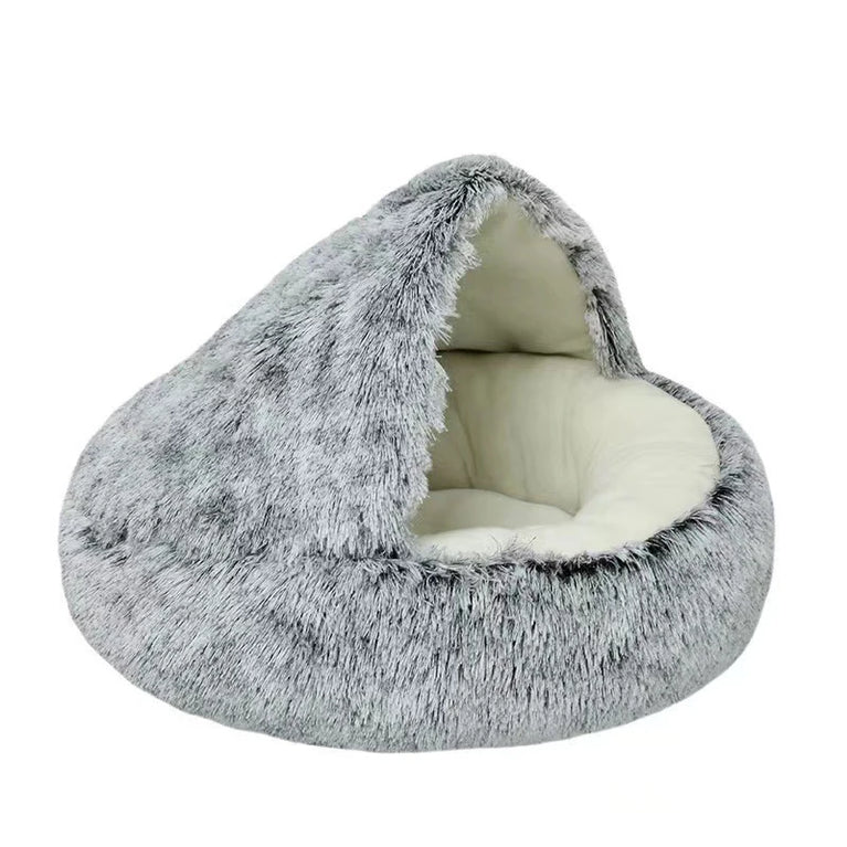 Soft Plush Round Pet Bed Cave 2in1 Warm Cat Dog Sleeping Nest Cozy Home