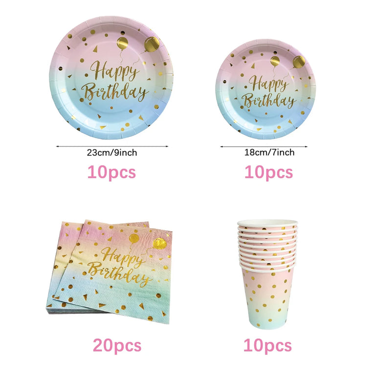 Rainbow Birthday Disposable Tableware Gold Dot Party Set Plates Cups Napkins