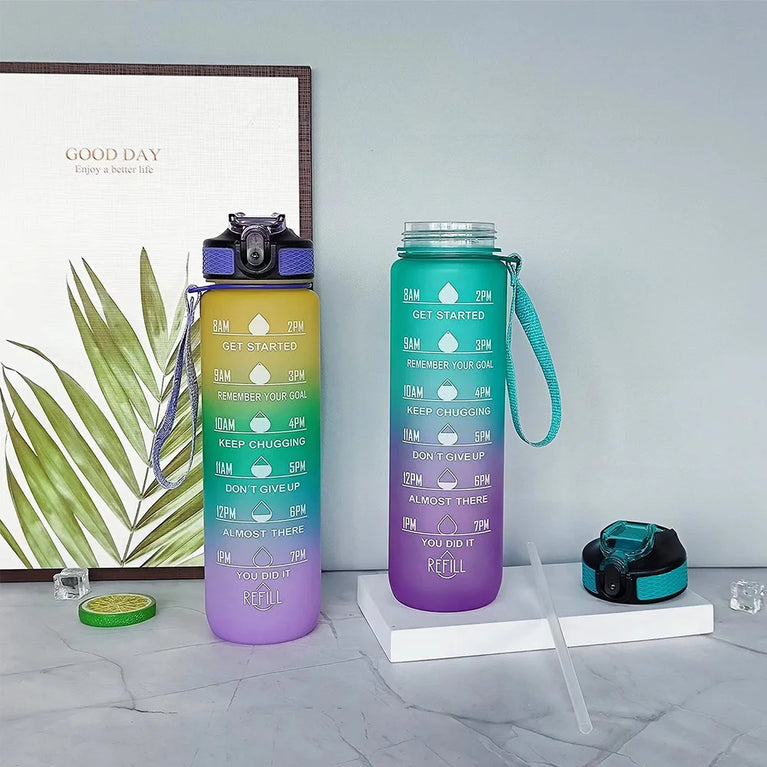1L Motivational Gradient Sports Waterbottle Straw Leakproof Gym Bottle