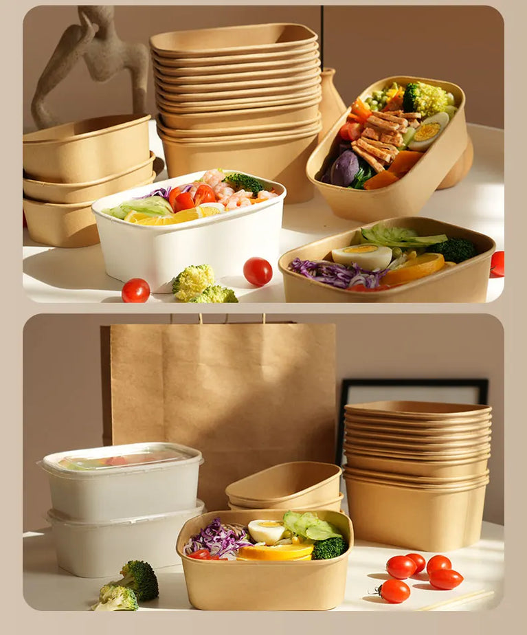 Disposable Kraft Paper Food Containers with Lids Leak Proof Meal Prep Lunch Box Set for Takeout Food Storage