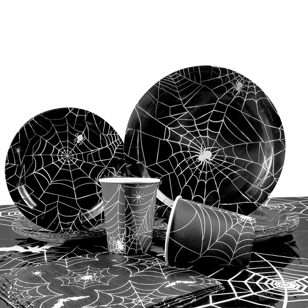 Halloween Spider Web Disposable Tableware Set Black Plates Cups Napkins Party Decoration