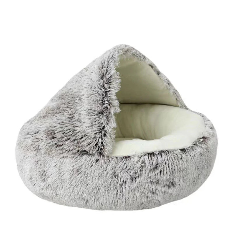 2-in-1 Round Plush Pet Nest | Half-Enclosed Warm Cave Bed