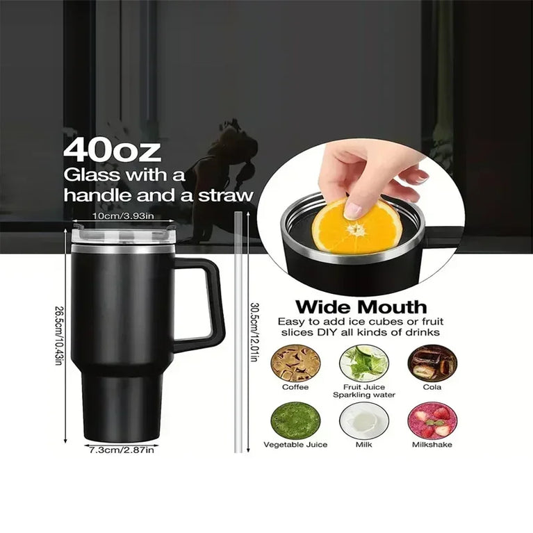 40OZ Stainless Steel Insulated Vacuum Waterbottle With Handle Straw Cup