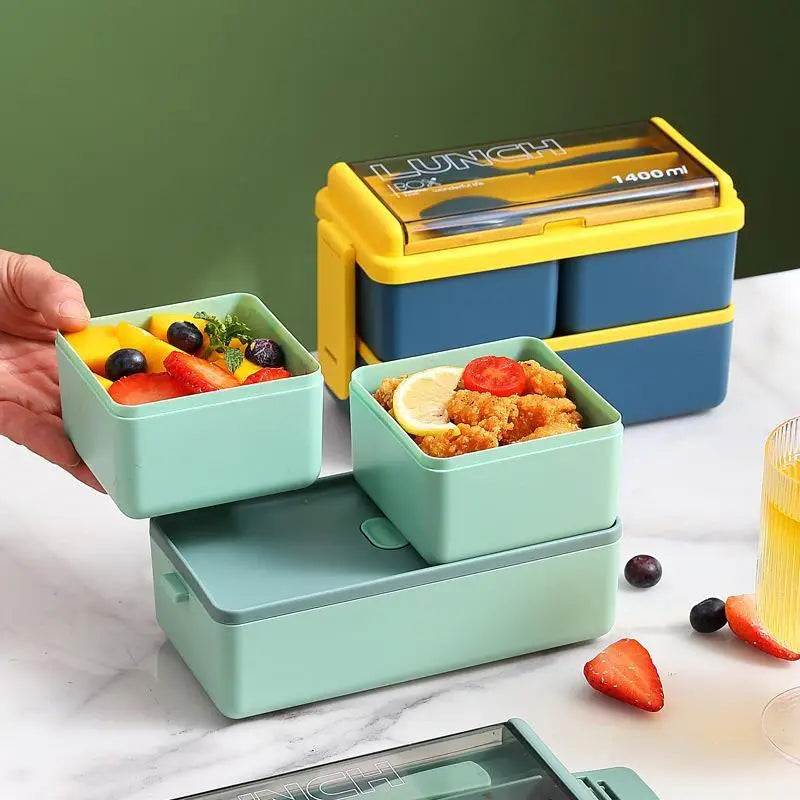 Double Layer Portable Lunch Box with Spoon & Fork Leakproof Microwave Container