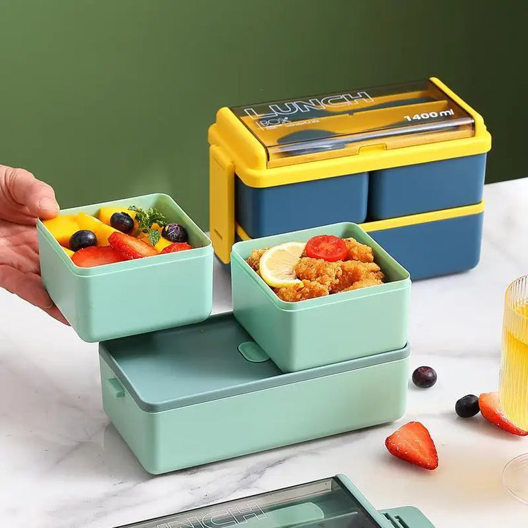 Double Layer Portable Lunch Box with Spoon & Fork Leakproof Microwave Container
